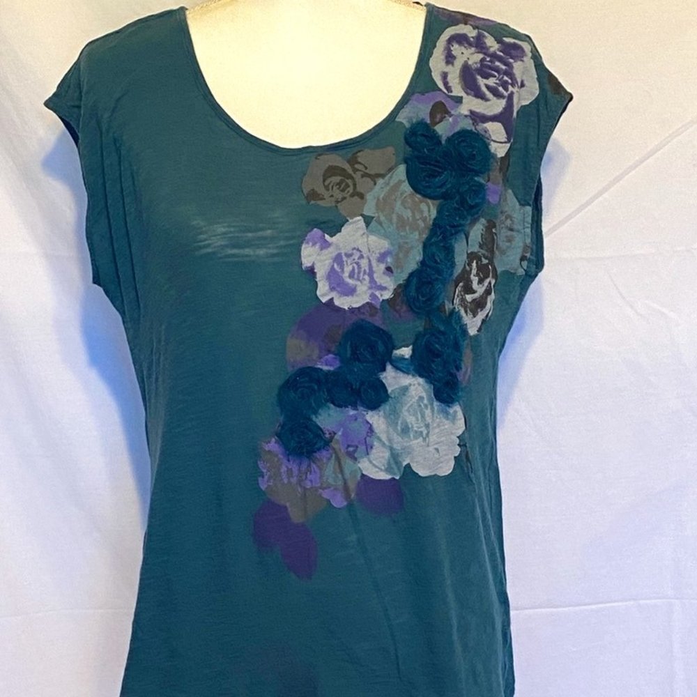 LC Lauren Conrad~Women's Floral Chiffon Embellished Green Soft Stretch Top ~Sz.M